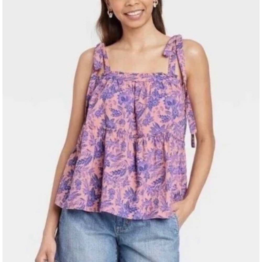 Universal Thread Pink Purple‎ Floral Tiered Babydoll Tie Strap Tank Top XXL